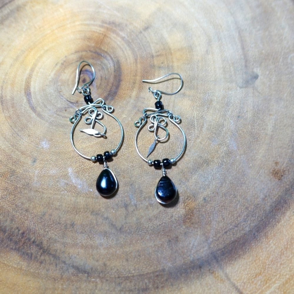 Black crystal stone quartz circle chandelier earrings